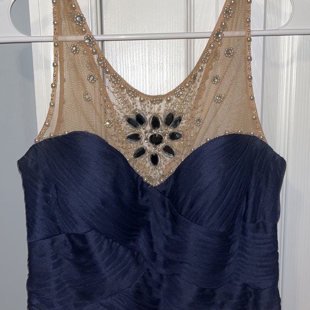 Adrianna Papell fitted navy blue and gold dress